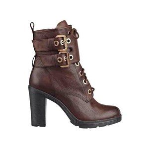GUESS FINLAY LACE UP MID CALF BOOTIES BROWN LEATHER ROUNDED TOE WITH ZIP SZ 10